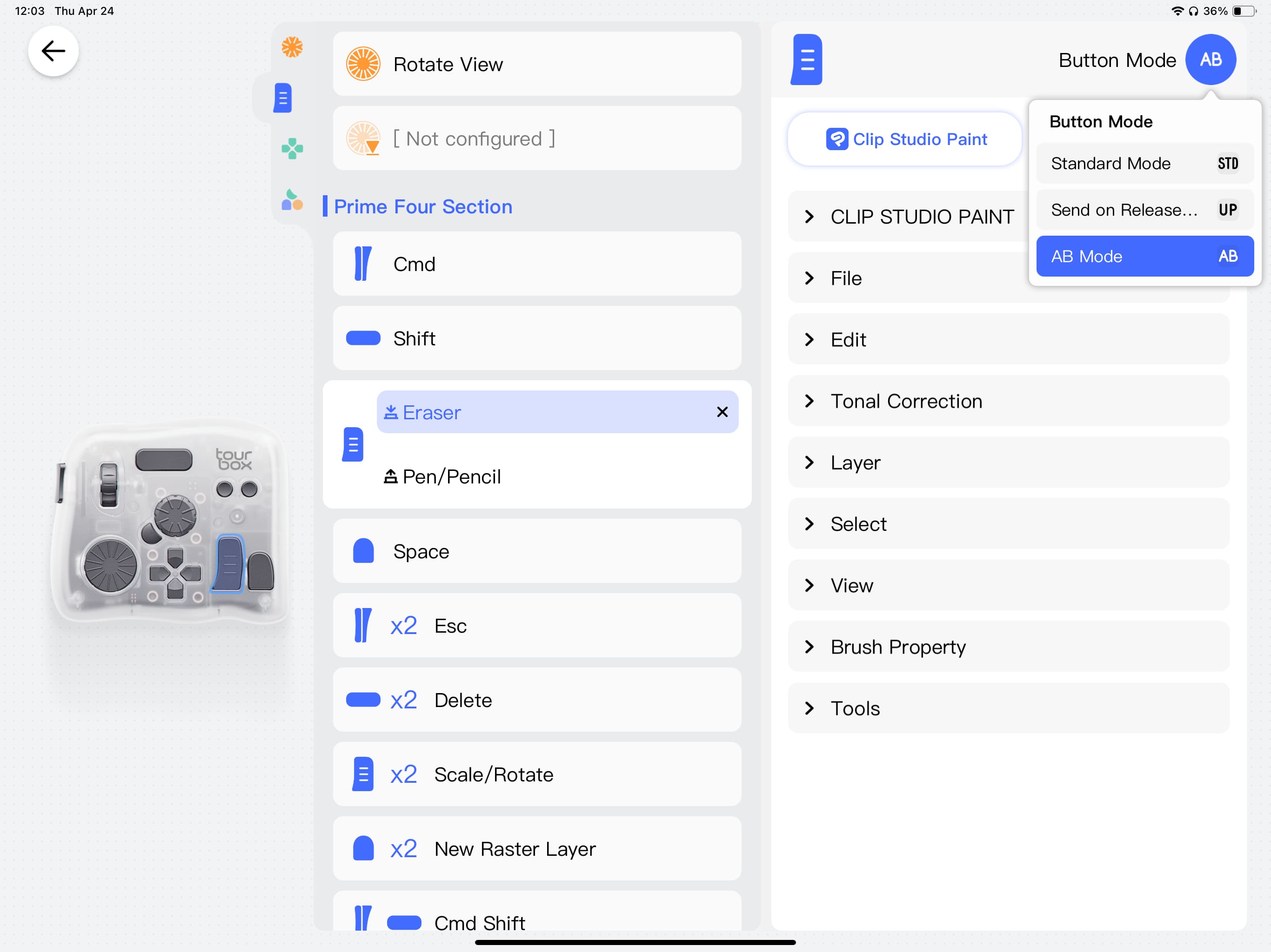 AB mode in iPad TourBox Console