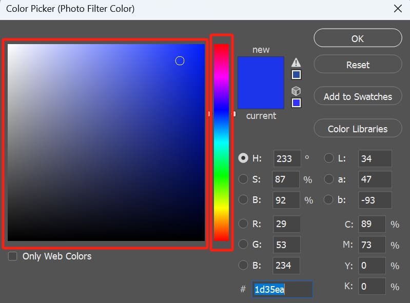 color picker in Photoshop photo filter