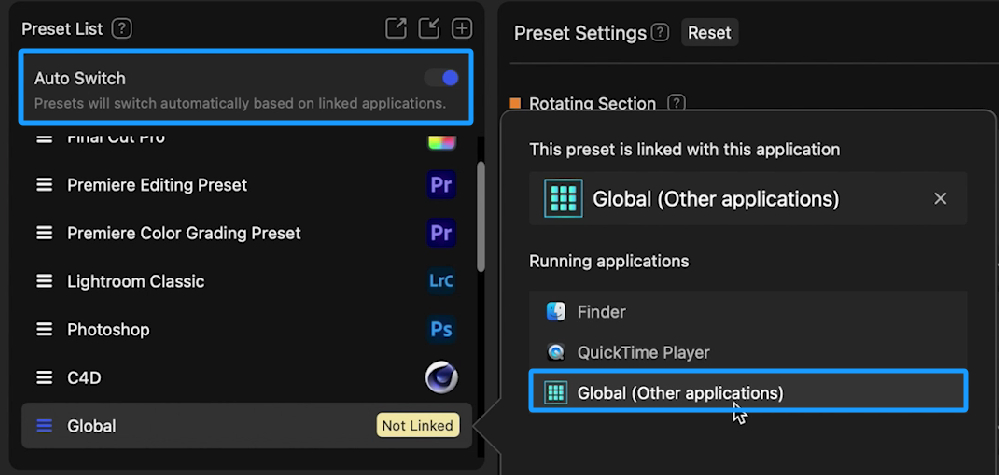 create TourBox global preset