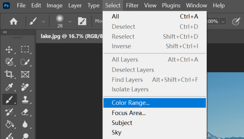 how to open photoshop color range