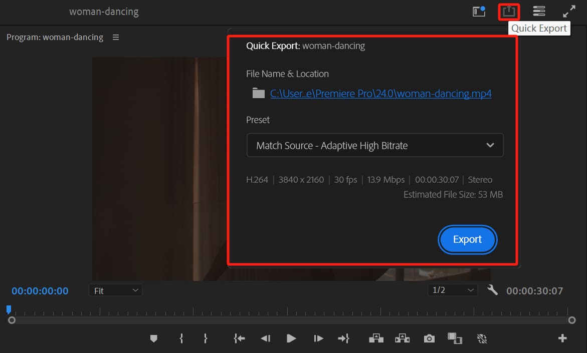 quick export in Premiere Pro