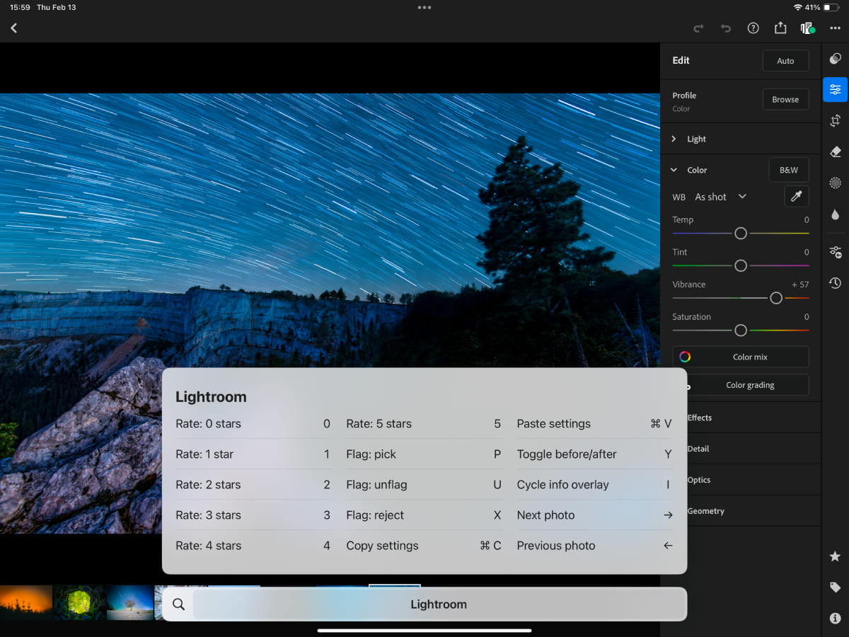 how to show Lightroom iPad shortcut