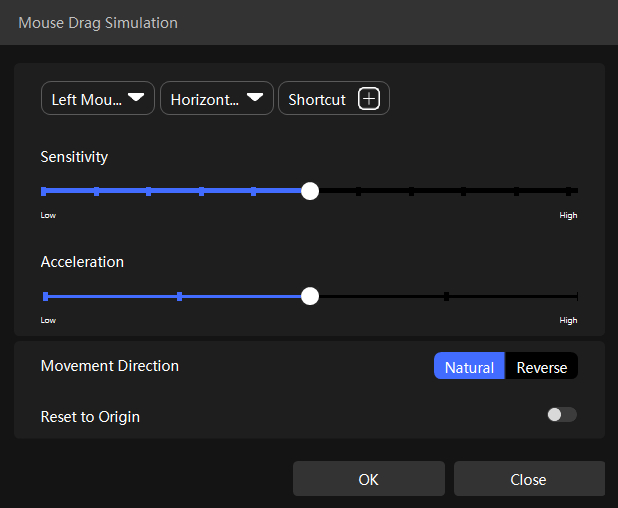 mouse drag simulation setting