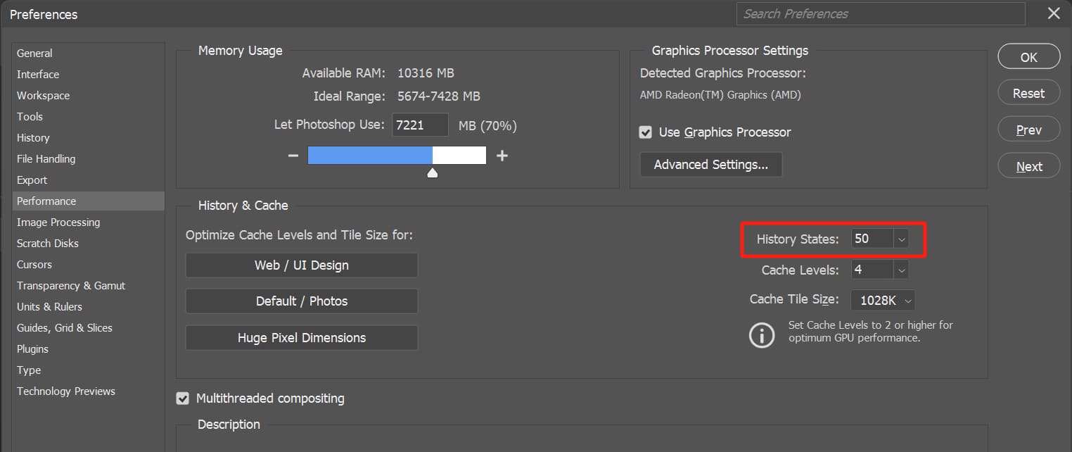 Photoshop history setting