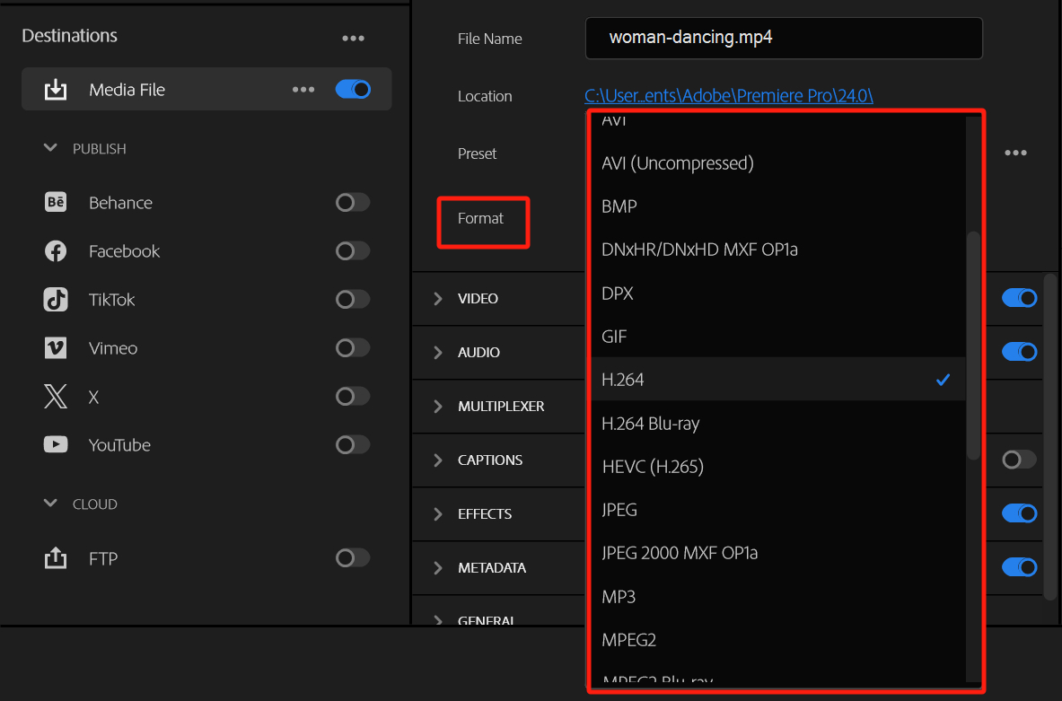 Premiere Pro exporting format