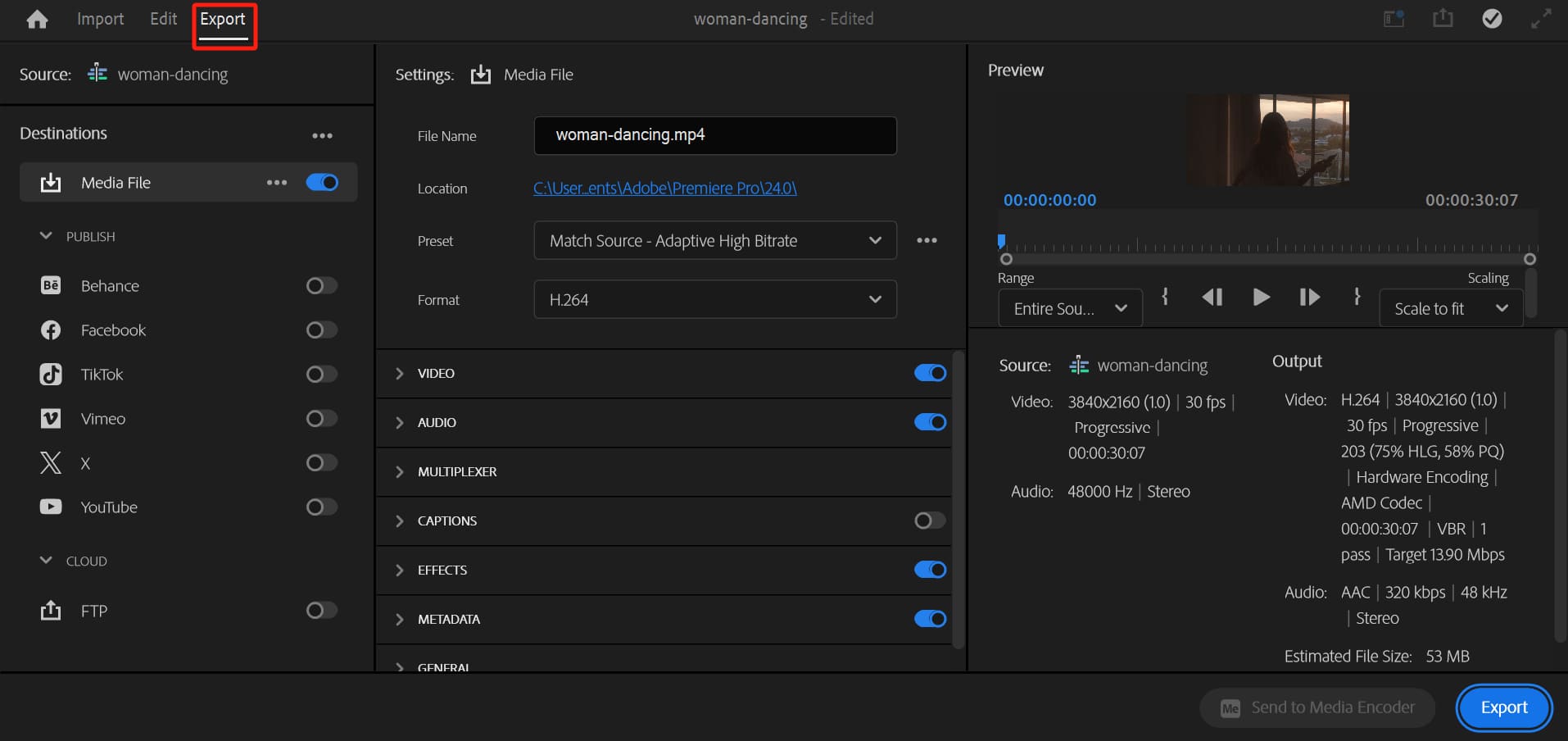 Premiere Pro exporting video