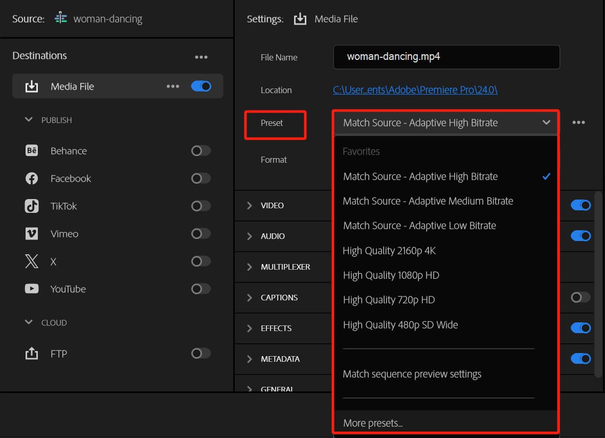 Premiere Pro exporting preset