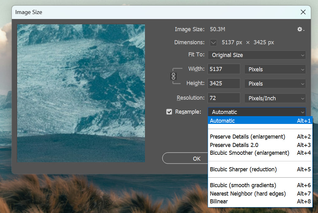 resample option in Photoshop