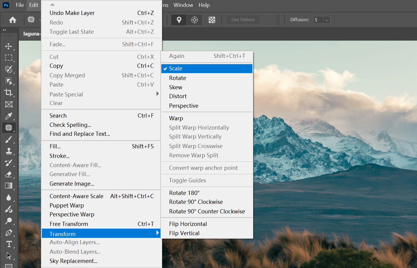 scale transform menu in Photoshop