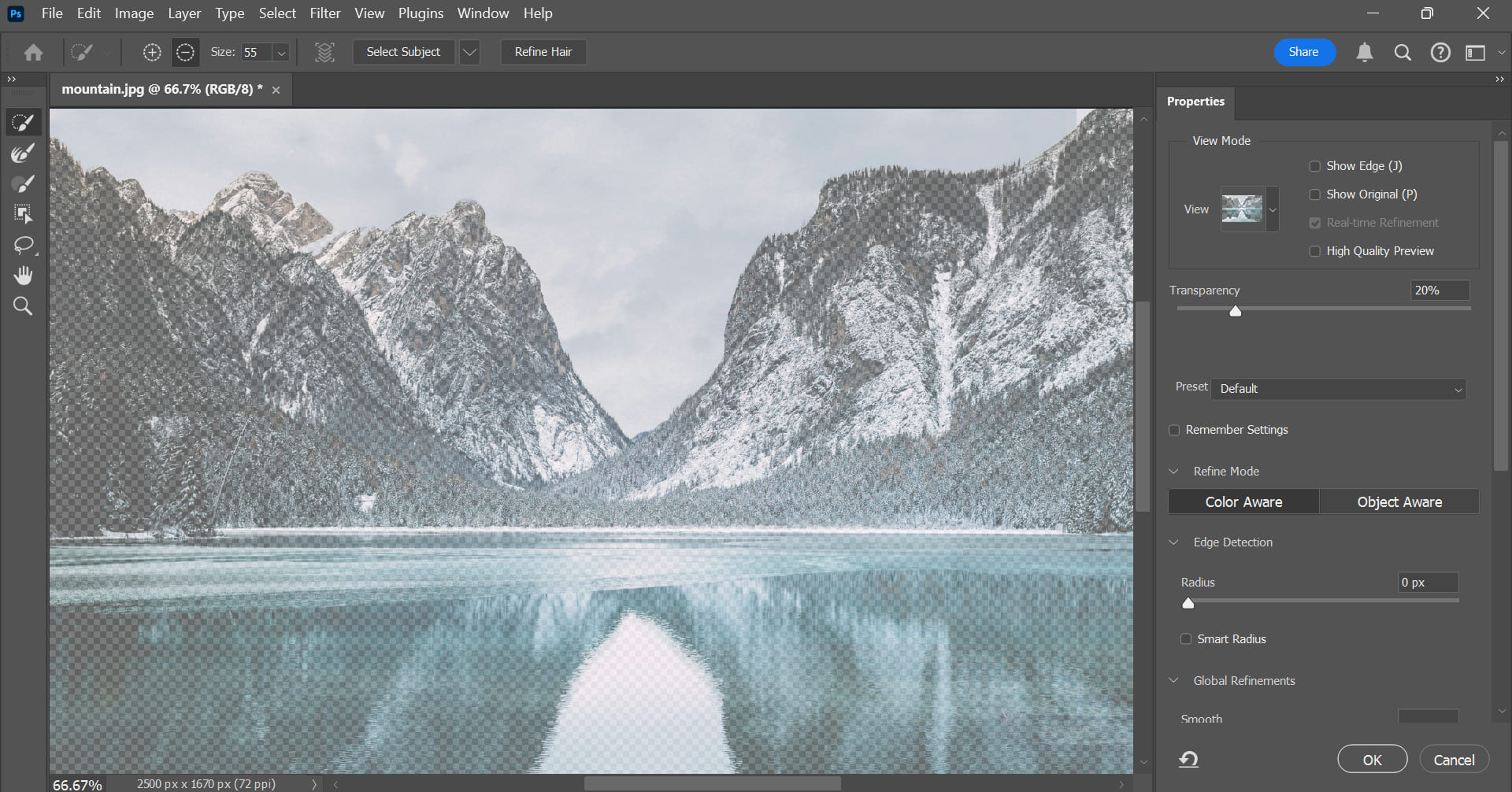 select and mask panel in Photoshop