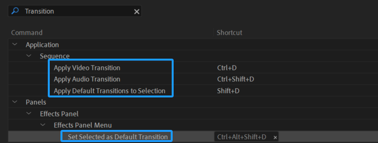apply default transition in Premiere Pro