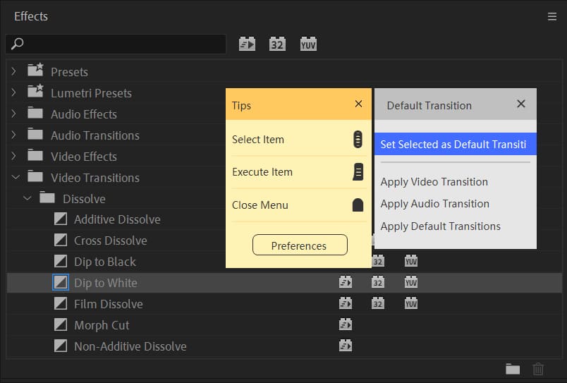 how to set default transition in Premiere